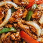 A plate of homemade Black Pepper Chicken stir-fry served over steamed white rice with tender chicken, onions, and red and green bell peppers in a savory black pepper sauce.