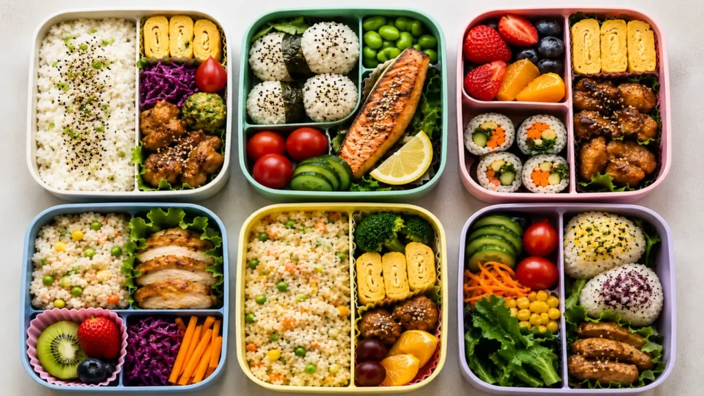 A top-down view of six colorful bento box meals filled with rice, grilled salmon, chicken, onigiri, tamagoyaki, fresh vegetables, fruit, and healthy sides arranged in reusable lunch containers.