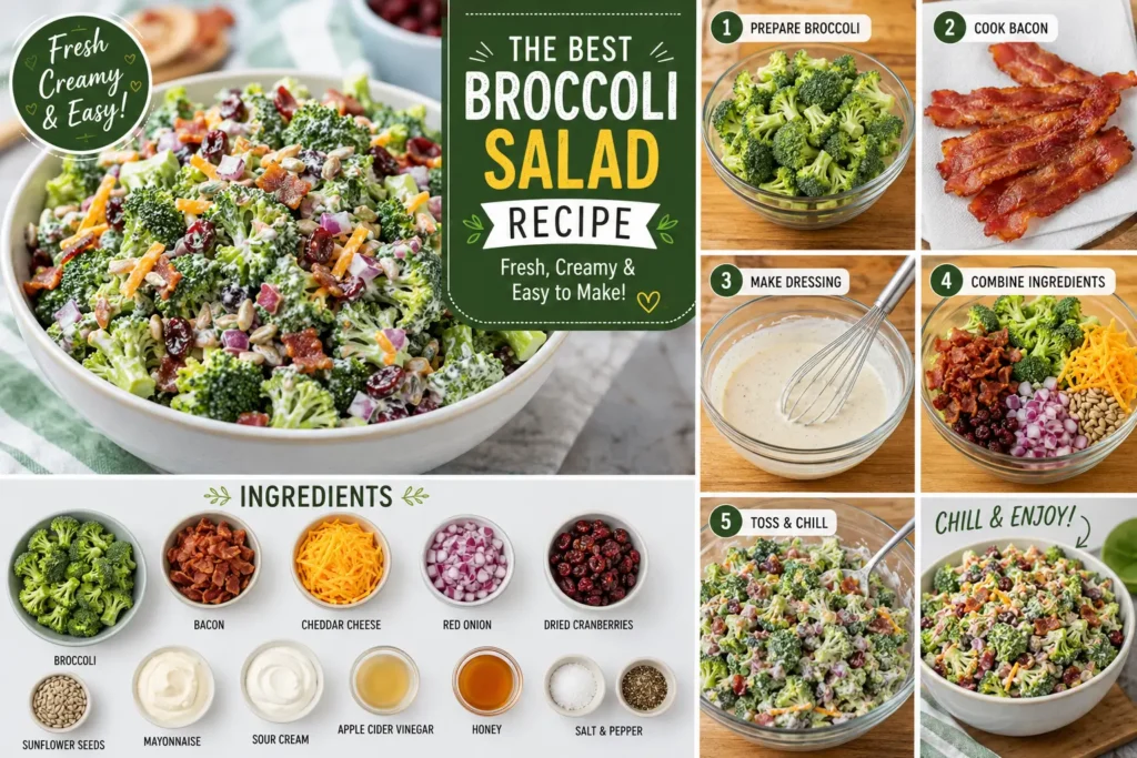 A bowl of creamy broccoli salad made with fresh broccoli florets, crispy bacon, cheddar cheese, red onion, dried cranberries, and sunflower seeds, alongside a step-by-step recipe guide and ingredient layout.