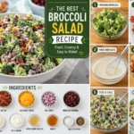 A bowl of creamy broccoli salad made with fresh broccoli florets, crispy bacon, cheddar cheese, red onion, dried cranberries, and sunflower seeds, alongside a step-by-step recipe guide and ingredient layout.