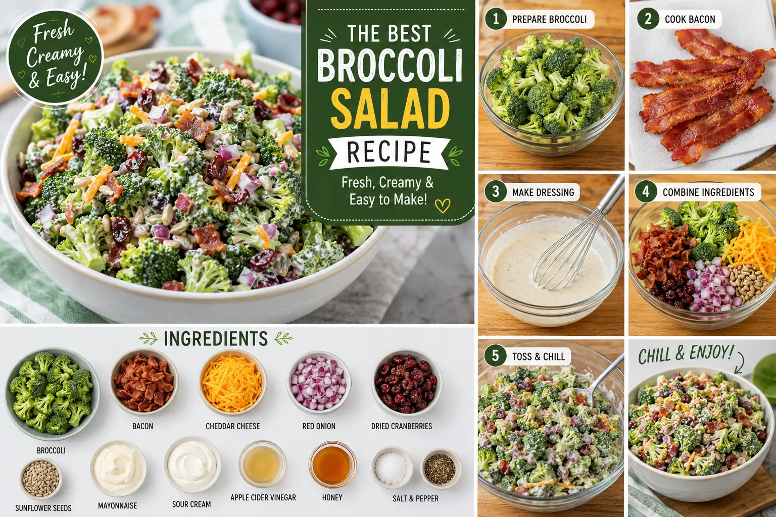 A bowl of creamy broccoli salad made with fresh broccoli florets, crispy bacon, cheddar cheese, red onion, dried cranberries, and sunflower seeds, alongside a step-by-step recipe guide and ingredient layout.