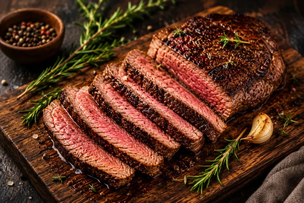 Juicy roast beef sliced on a wooden cutting board with rosemary and garlic, a delicious meat recipe for lunch.