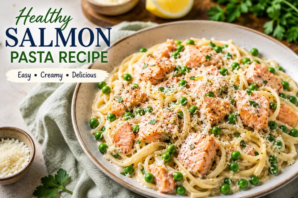 Creamy salmon pasta recipe served with flaky salmon, green peas, Parmesan cheese, and fresh parsley in a large bowl, topped with a healthy salmon pasta recipe text overlay.
