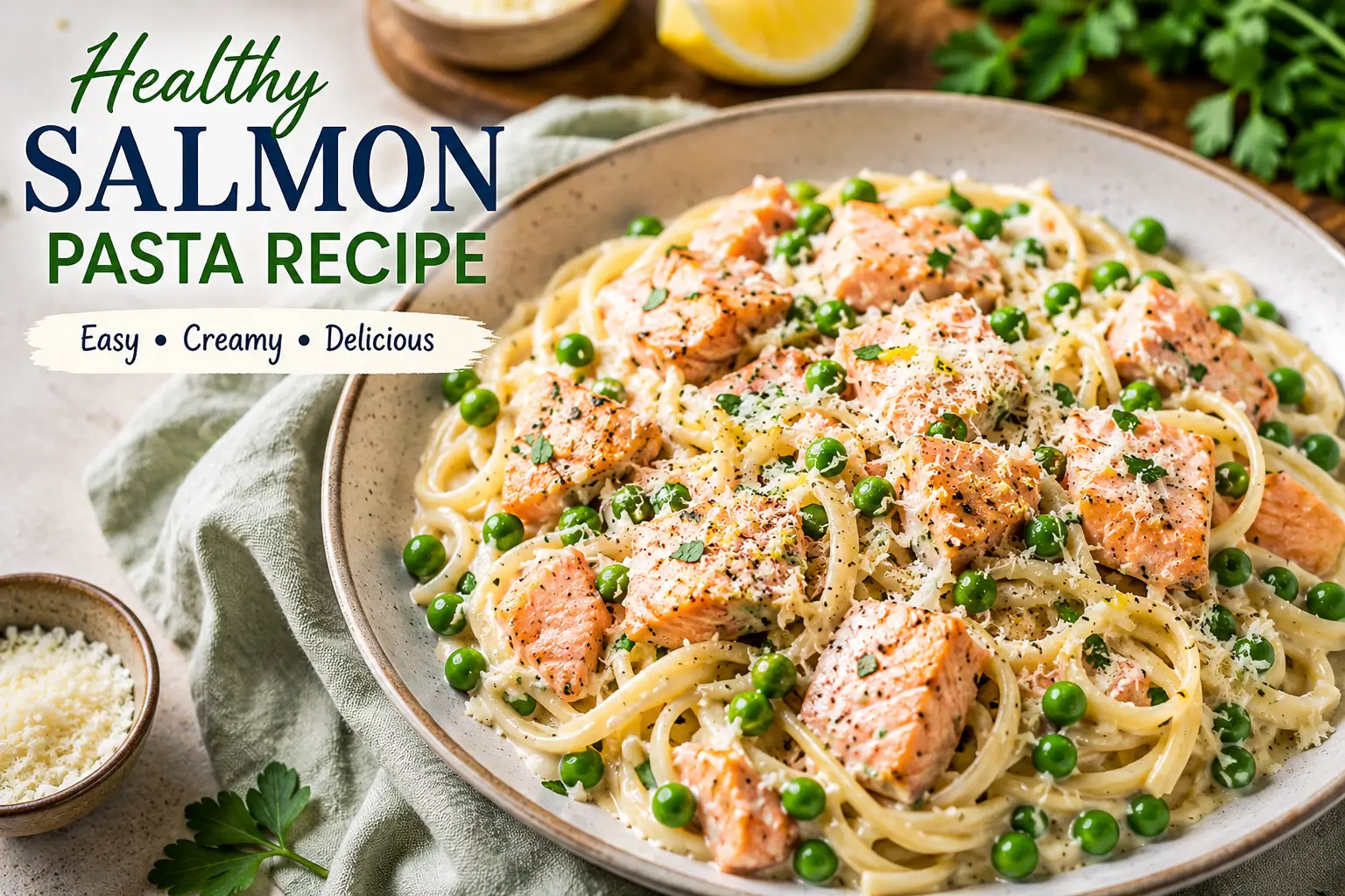 Creamy salmon pasta recipe served with flaky salmon, green peas, Parmesan cheese, and fresh parsley in a large bowl, topped with a healthy salmon pasta recipe text overlay.
