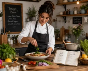 A female chef in a white jacket and black apron garnishes a freshly prepared dish with fresh herbs in a warm, rustic kitchen with an open cookbook and fresh ingredients.
